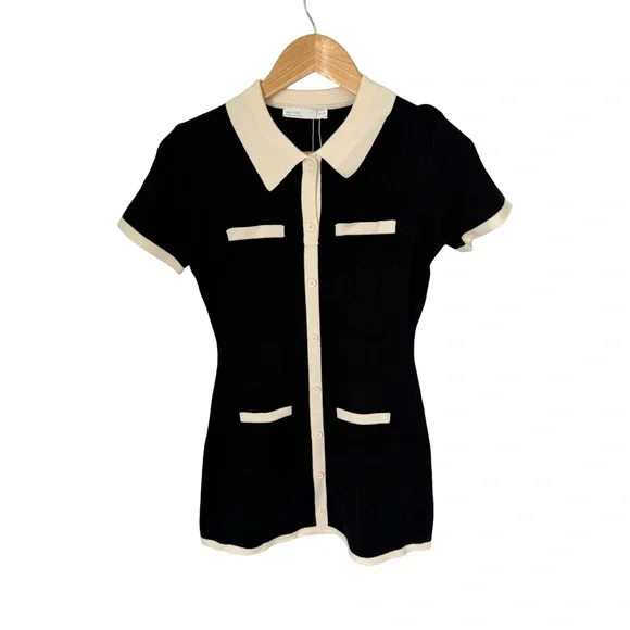 Oak + Fort Black Cream Collared Contrast Trim Knit Mini Dress NWT  Size XS - Picture 2 of 7